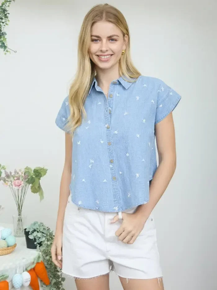 Embroidered Floral Pattern Button Down Denim Shirt