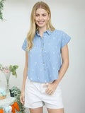 Embroidered Floral Pattern Button Down Denim Shirt