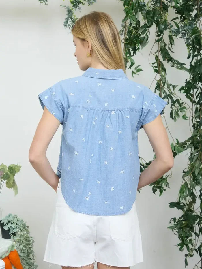 Embroidered Floral Pattern Button Down Denim Shirt