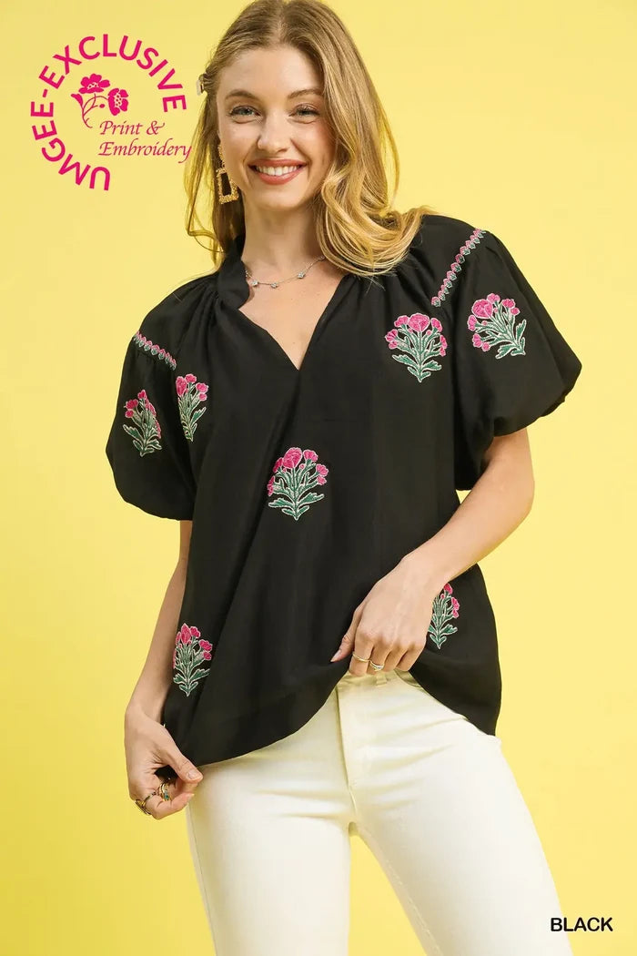 Embroidered Floral Puff Sleeve Blouse