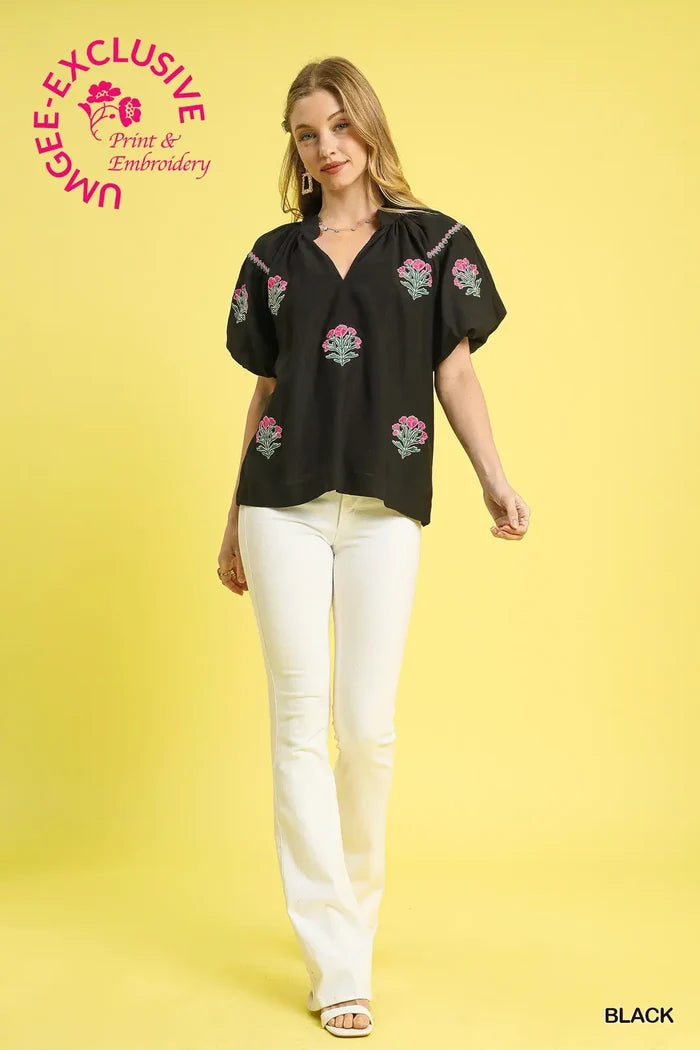 Embroidered Floral Puff Sleeve Blouse