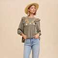 Embroidered Ruffle Shoulder Blouse-Olive