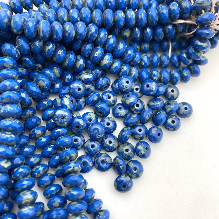 Faceted Yale Blue Picasso Rondelle Czech Glass Beads (4x7mm) (BCG198)