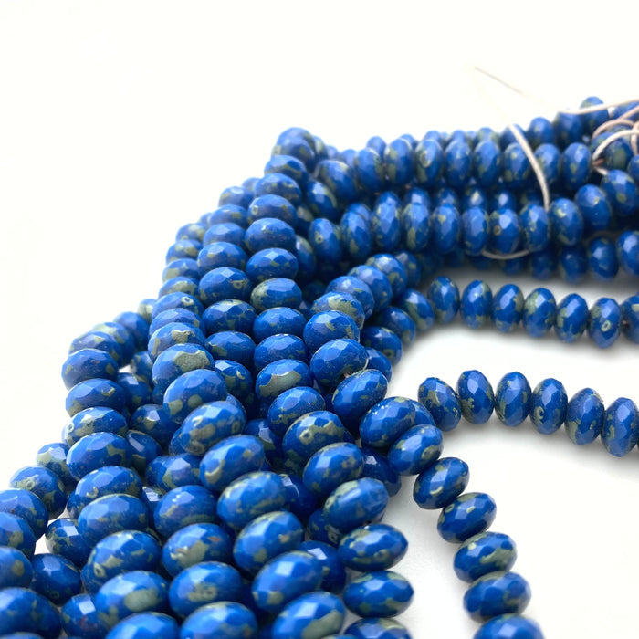 Faceted Yale Blue Picasso Rondelle Czech Glass Beads (4x7mm) (BCG198)