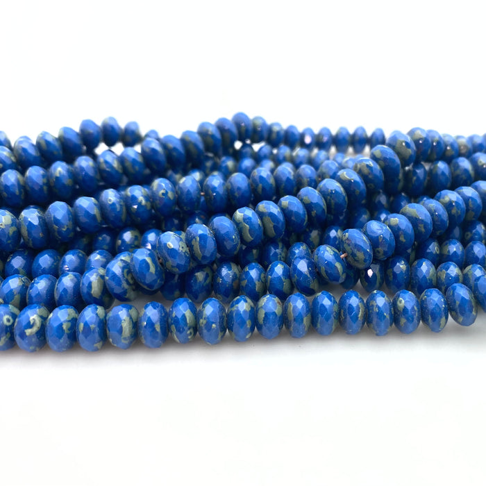 Faceted Yale Blue Picasso Rondelle Czech Glass Beads (4x7mm) (BCG198)
