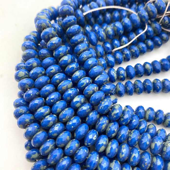 Faceted Yale Blue Picasso Rondelle Czech Glass Beads (4x7mm) (BCG198)