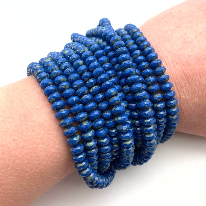 Faceted Yale Blue Picasso Rondelle Czech Glass Beads (4x7mm) (BCG198)