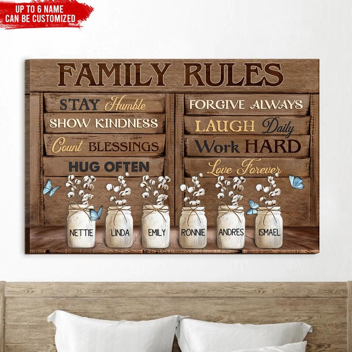 Family Rules Stay Humble Show Kindness Count Blessing - Personalized Canvas, Gift For Family
