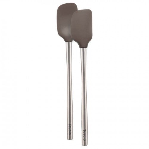 Gray Tovolo Flex Core SS handled mini spatula and spoonula, versatile cooking utensils for stirring and scraping.