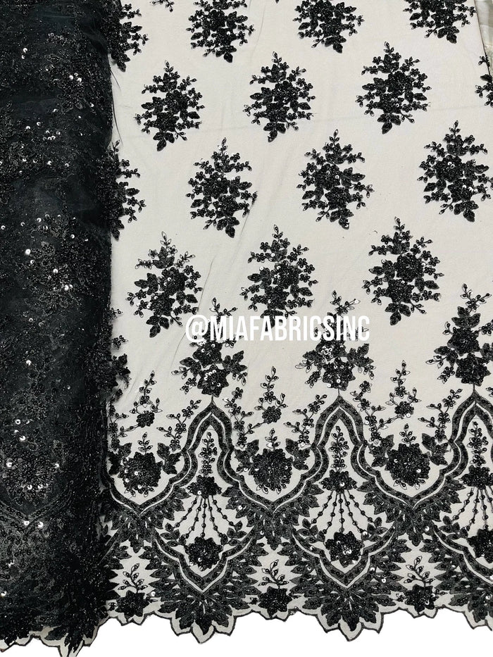 Floral Cluster Beaded Fabric - Black - Embroidered Fancy Fashion Design Beads and Sequins Sold by yard