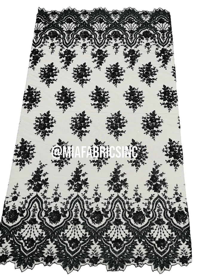 Floral Cluster Beaded Fabric - Black - Embroidered Fancy Fashion Design Beads and Sequins Sold by yard