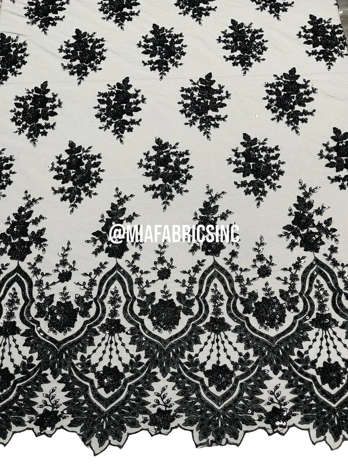 Floral Cluster Beaded Fabric - Black - Embroidered Fancy Fashion Design Beads and Sequins Sold by yard