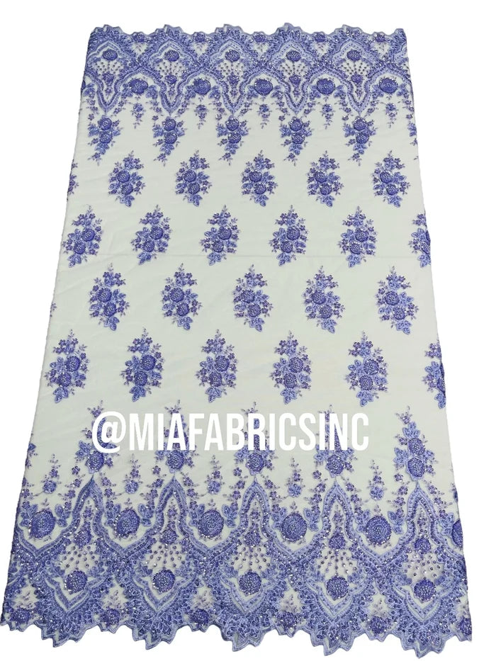 Floral Cluster Beaded Fabric - Lilac - Embroidered Fancy Fashion Design Beads and Sequins Sold by yard