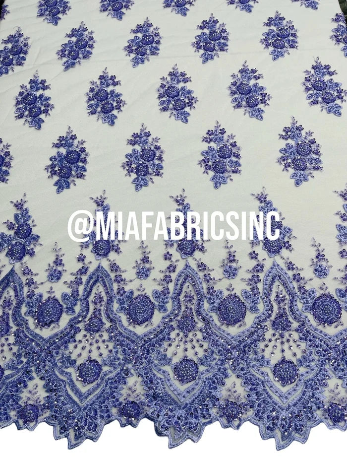 Floral Cluster Beaded Fabric - Lilac - Embroidered Fancy Fashion Design Beads and Sequins Sold by yard