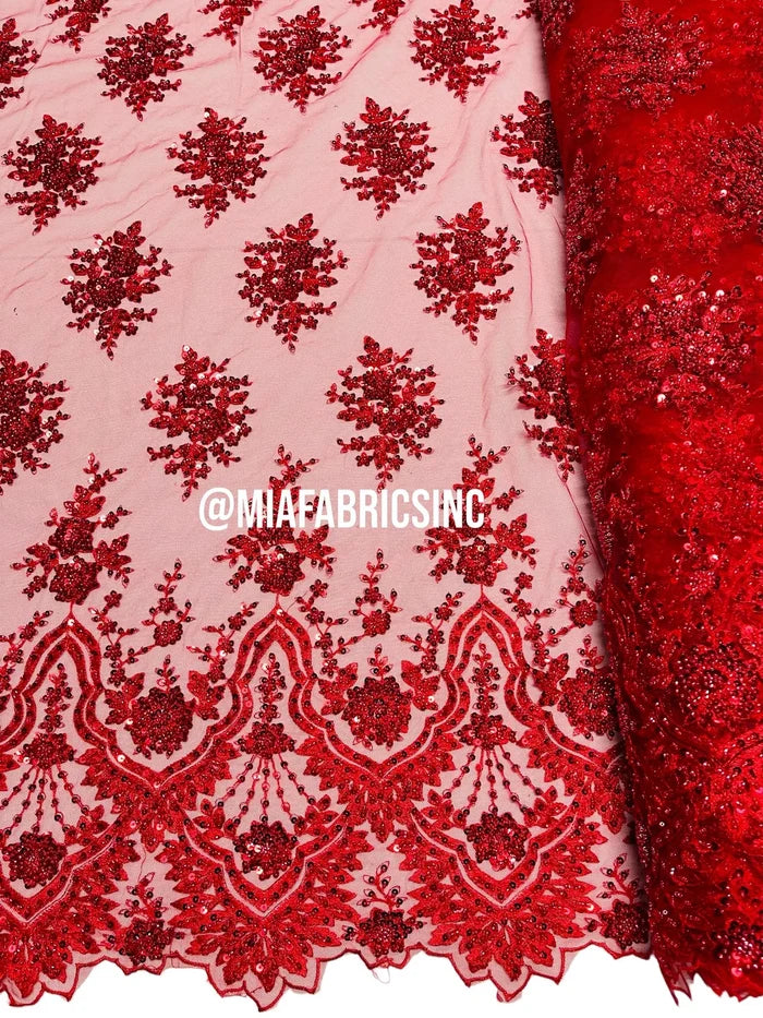Floral Cluster Beaded Fabric - Red - Embroidered Fancy Fashion Design Beads and Sequins Sold by yard