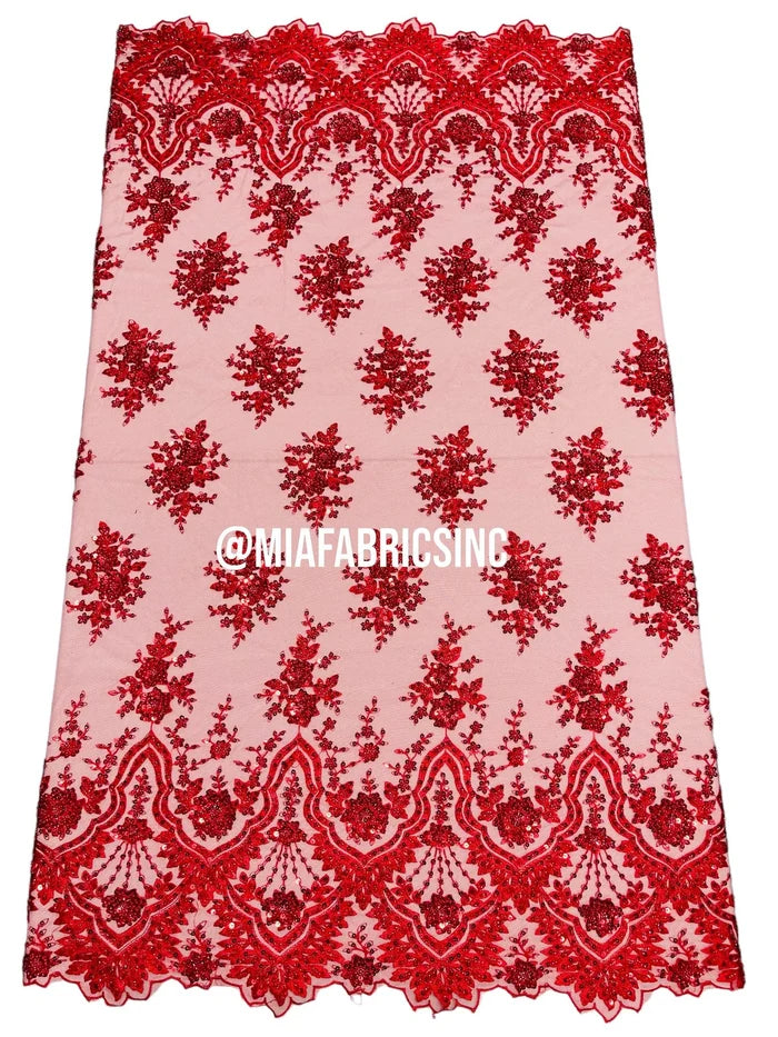 Floral Cluster Beaded Fabric - Red - Embroidered Fancy Fashion Design Beads and Sequins Sold by yard