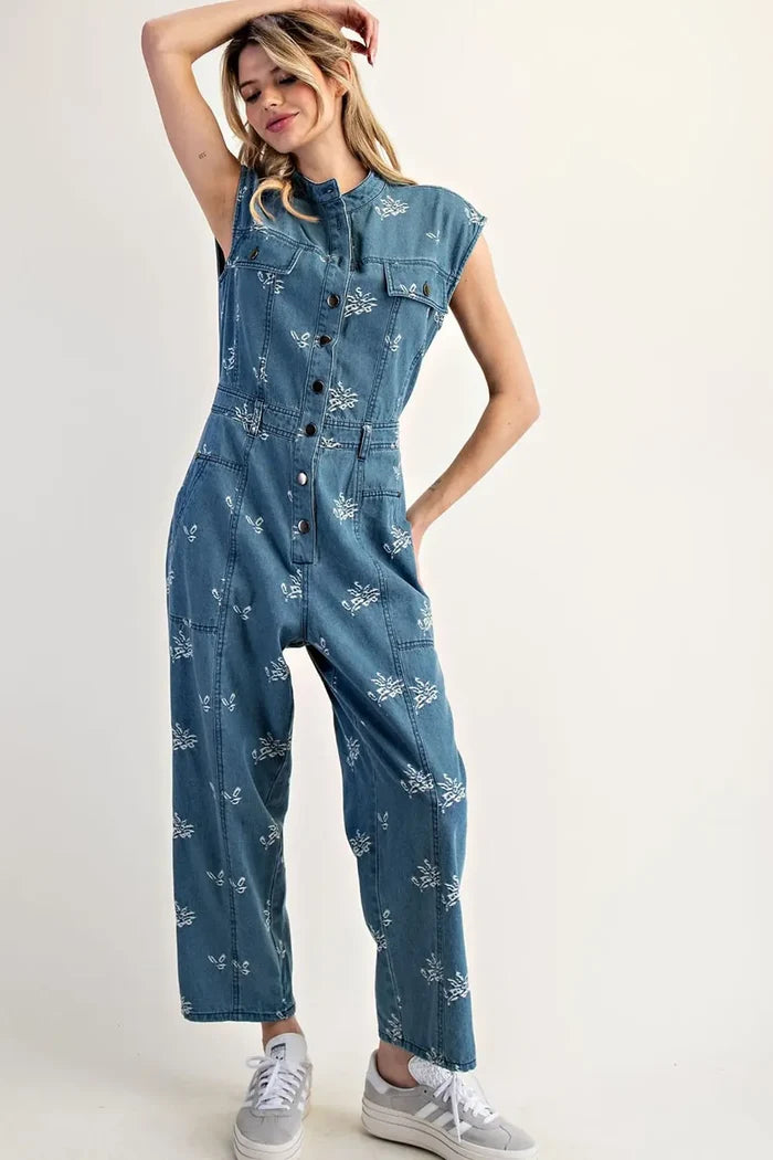 Floral Embroidered Denim Cap Sleeve Jumpsuit
