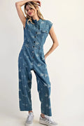 Floral Embroidered Denim Cap Sleeve Jumpsuit