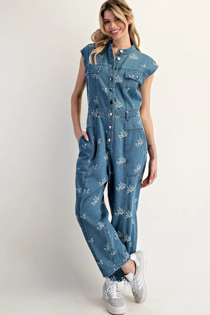 Floral Embroidered Denim Cap Sleeve Jumpsuit