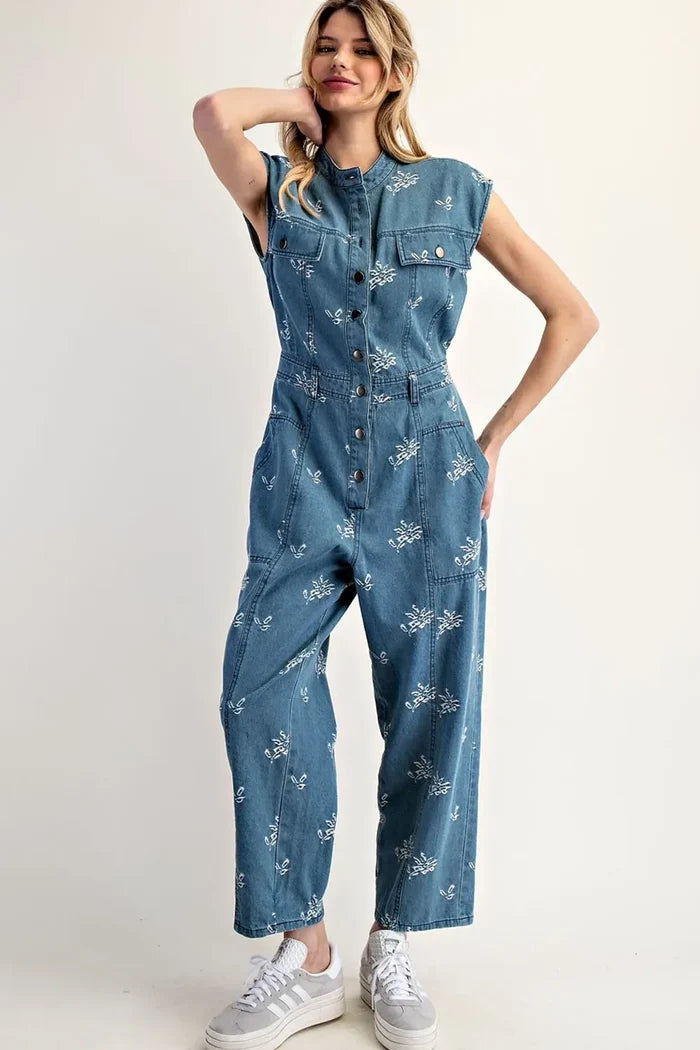 Floral Embroidered Denim Cap Sleeve Jumpsuit