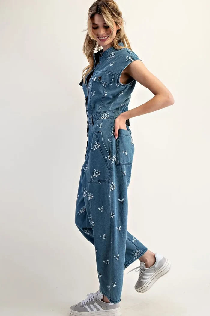 Floral Embroidered Denim Cap Sleeve Jumpsuit