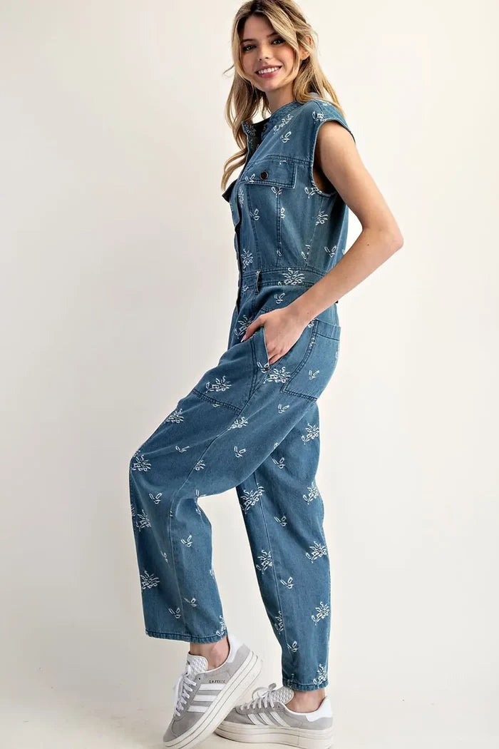 Floral Embroidered Denim Cap Sleeve Jumpsuit