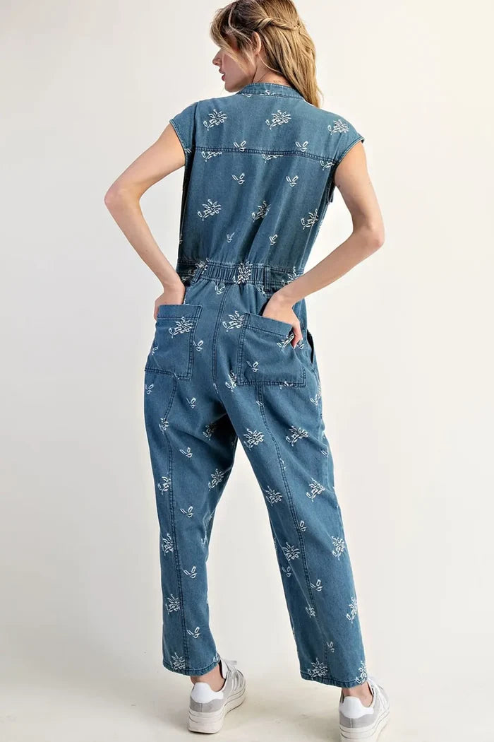 Floral Embroidered Denim Cap Sleeve Jumpsuit