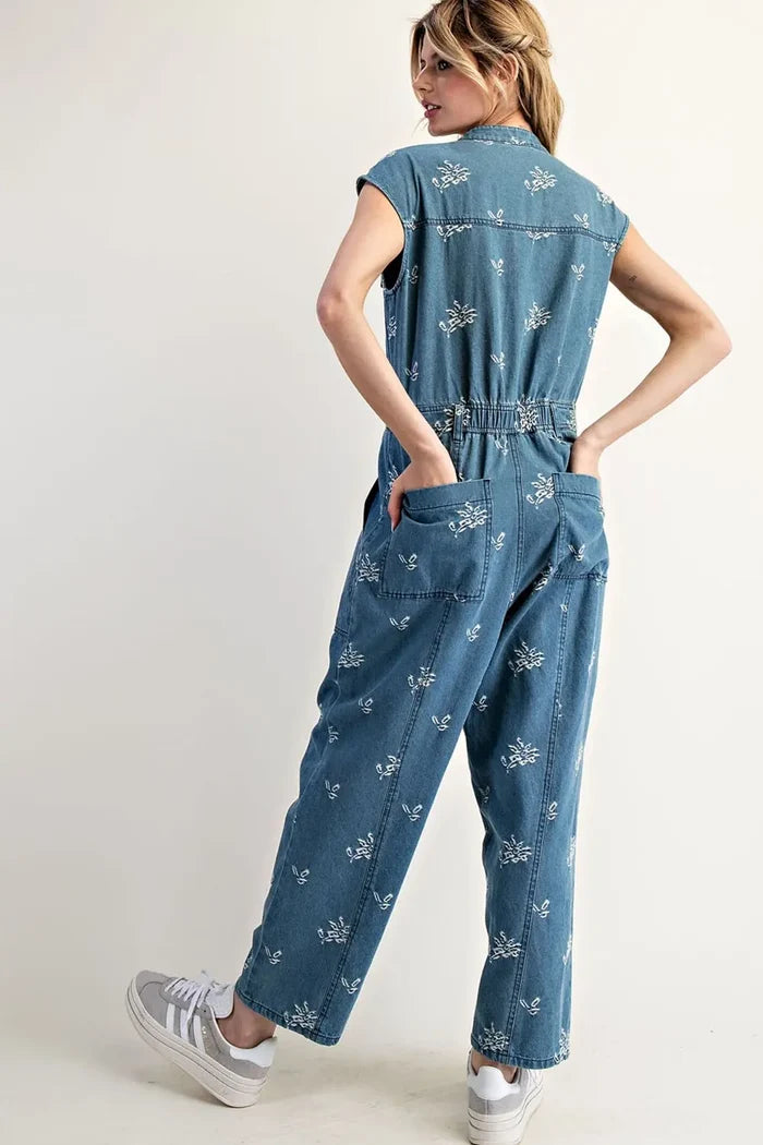 Floral Embroidered Denim Cap Sleeve Jumpsuit