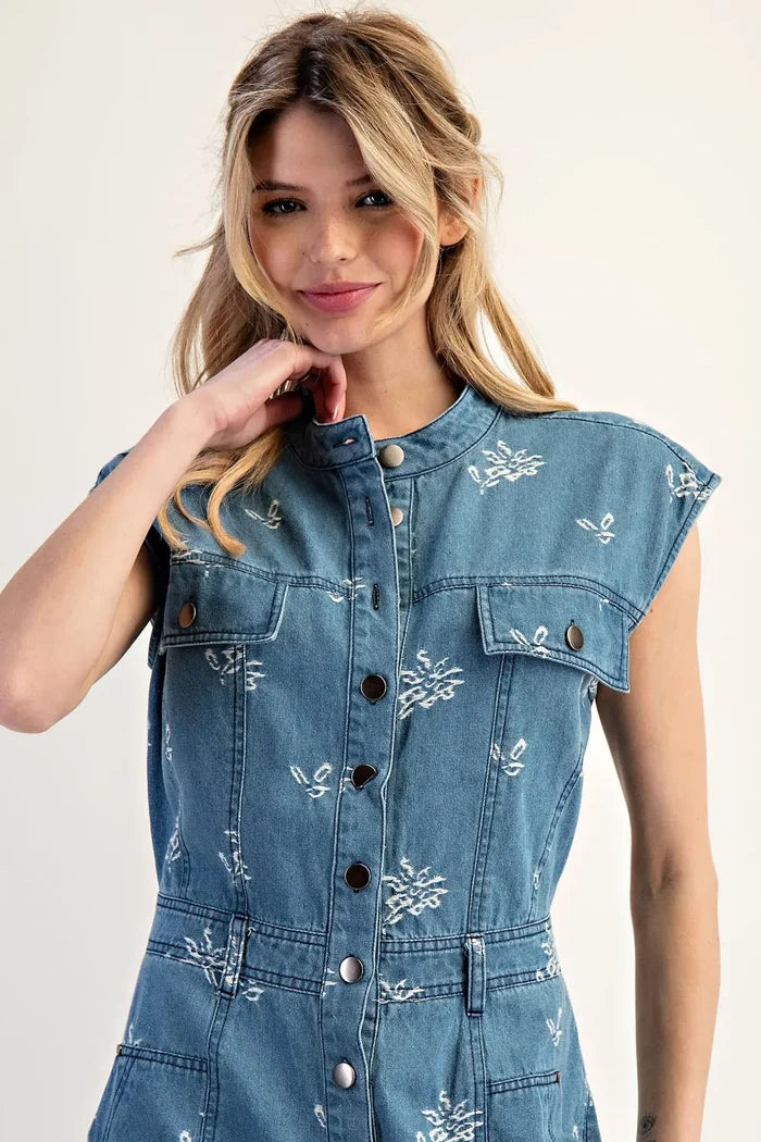 Floral Embroidered Denim Cap Sleeve Jumpsuit