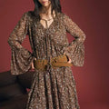 Floral Organza V Neck Long Sleeve Tunic Midi Dress