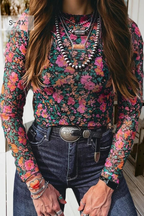 Floral Print Mesh Mock Neck Sheer Slim Fit Blouse