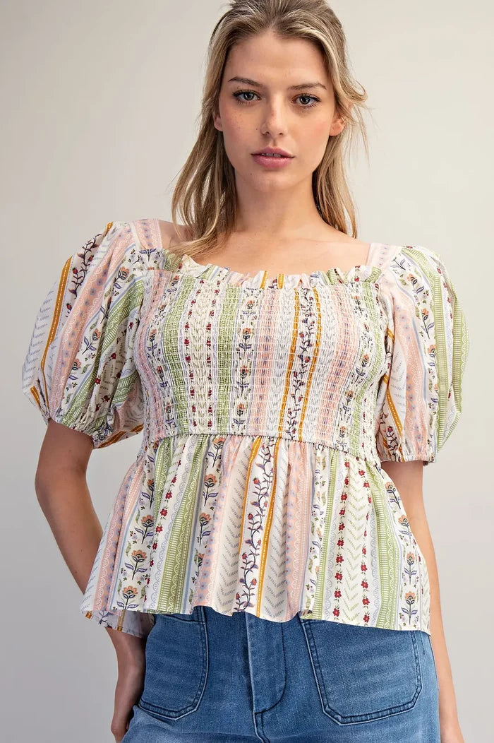 Floral Puff Sleeve Peplum Blouse