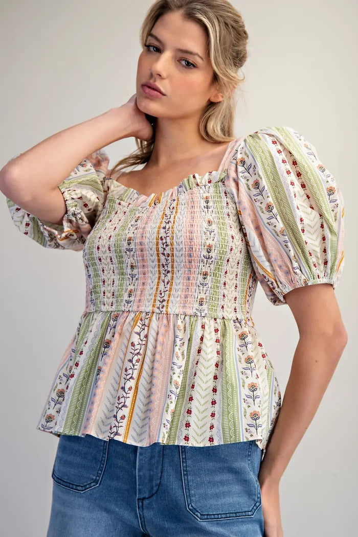Floral Puff Sleeve Peplum Blouse