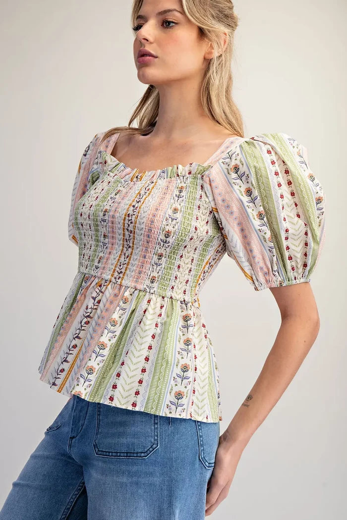 Floral Puff Sleeve Peplum Blouse