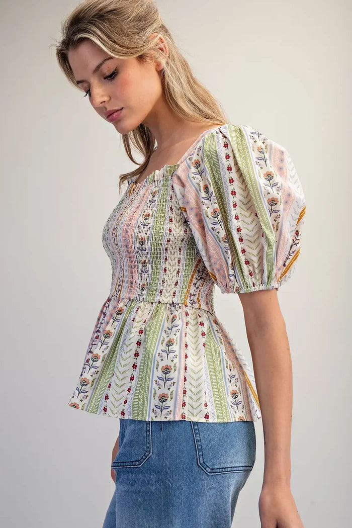 Floral Puff Sleeve Peplum Blouse