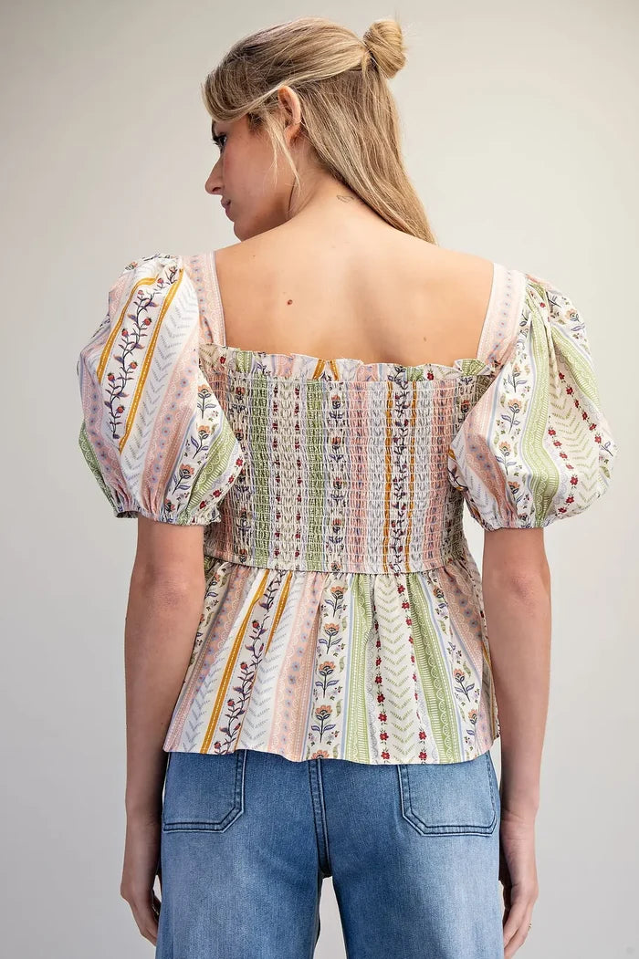 Floral Puff Sleeve Peplum Blouse
