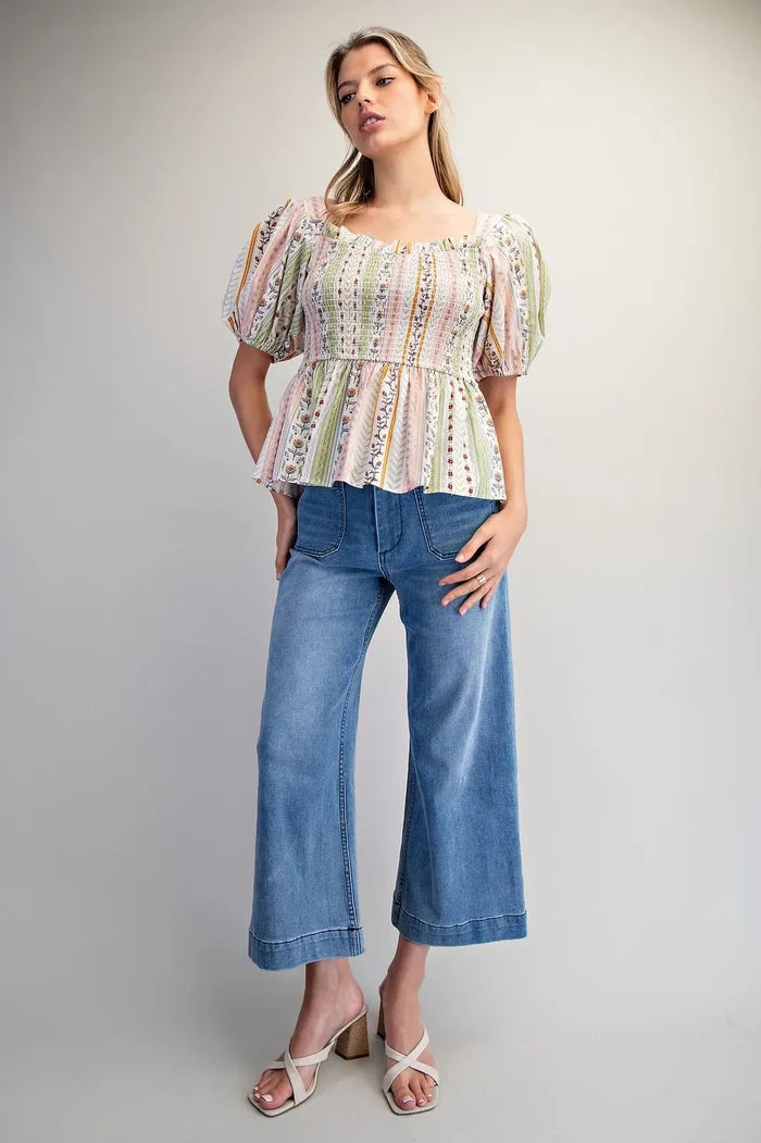 Floral Puff Sleeve Peplum Blouse
