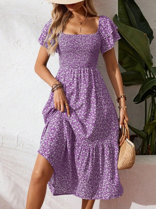 Floral Square Neck Smocked Short Sleeve Maxi Summer Dress (Purple)
