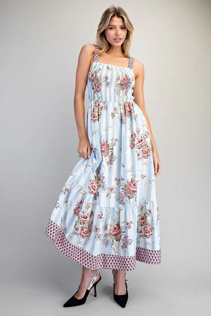 Floral Striped Contrast Strap Maxi Dress