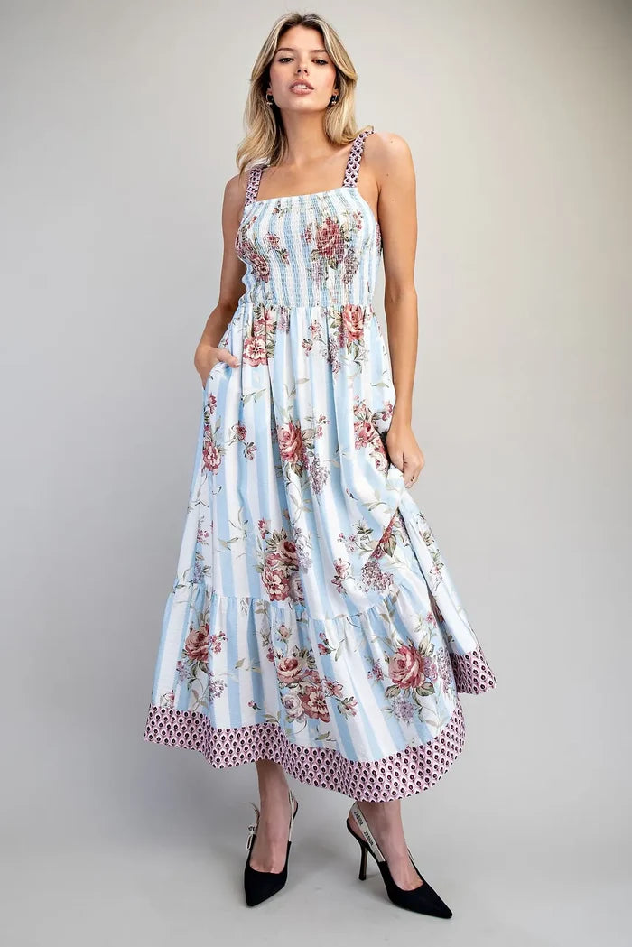 Floral Striped Contrast Strap Maxi Dress