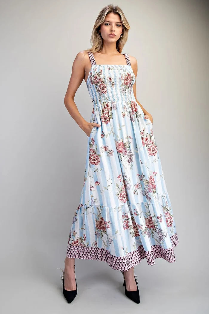 Floral Striped Contrast Strap Maxi Dress