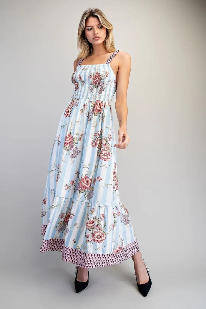 Floral Striped Contrast Strap Maxi Dress