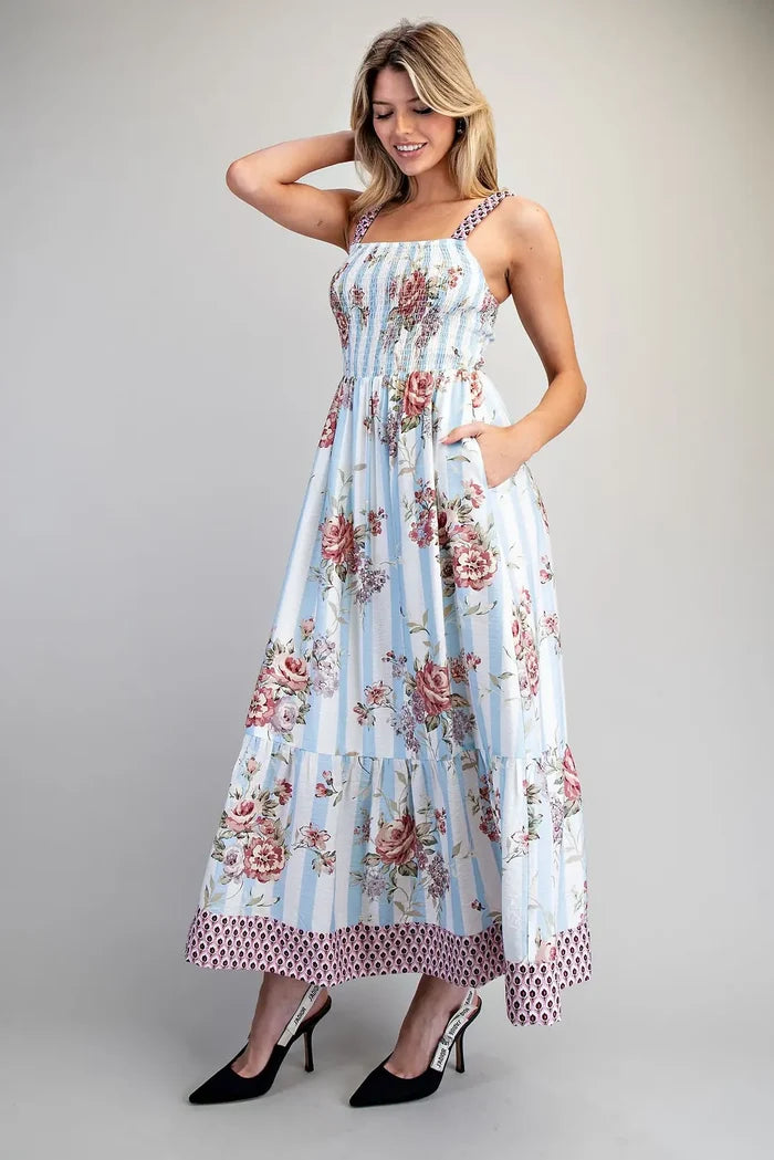 Floral Striped Contrast Strap Maxi Dress