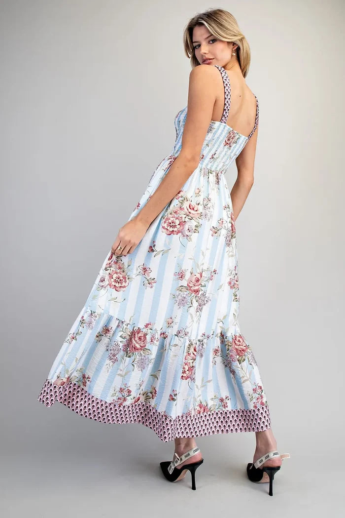 Floral Striped Contrast Strap Maxi Dress
