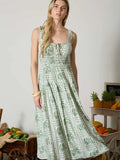 Floral Tile Print Sleeveless Smocked Midi Dress