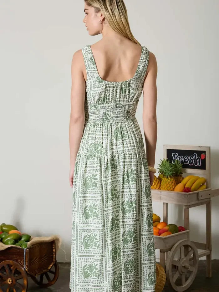 Floral Tile Print Sleeveless Smocked Midi Dress