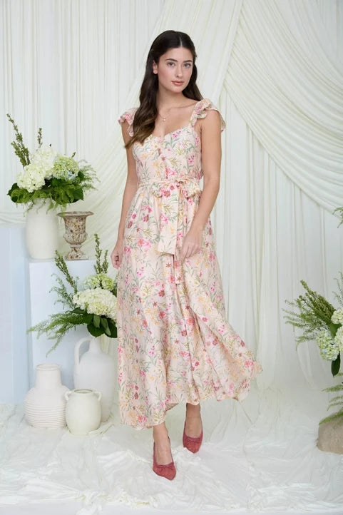 Floral Waist Tie Front Slit Sleeveless Midi Dress
