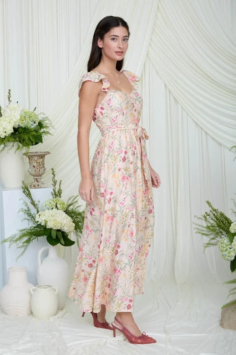 Floral Waist Tie Front Slit Sleeveless Midi Dress