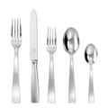 The Sambonet Gio Ponti Flatware 5 Piece Setting in stainless steel includes a dinner fork, knife, salad fork, soup spoon, and teaspoon, displayed in a row on a white background.