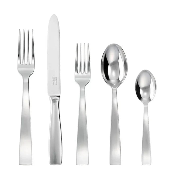 The Sambonet Gio Ponti Flatware 5 Piece Setting in stainless steel includes a dinner fork, knife, salad fork, soup spoon, and teaspoon, displayed in a row on a white background.